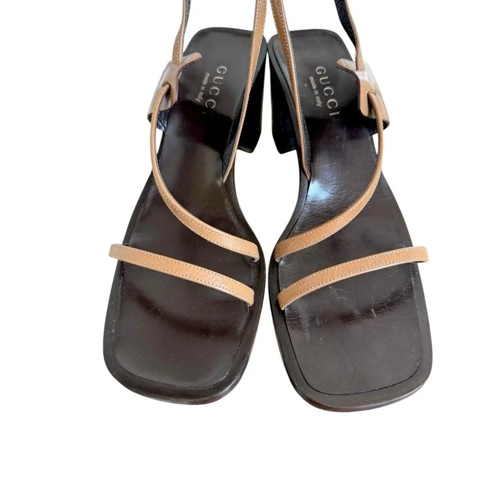 VTG.. 90s Tom Ford for Gucci Tan Leather Square Toe Block Heel Sandals 7-7.5 EUC